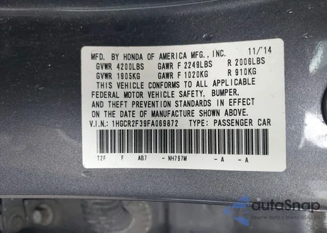 2015 Honda Accord Lx from USA, damaged, VIN 1HGCR2F39FA069872